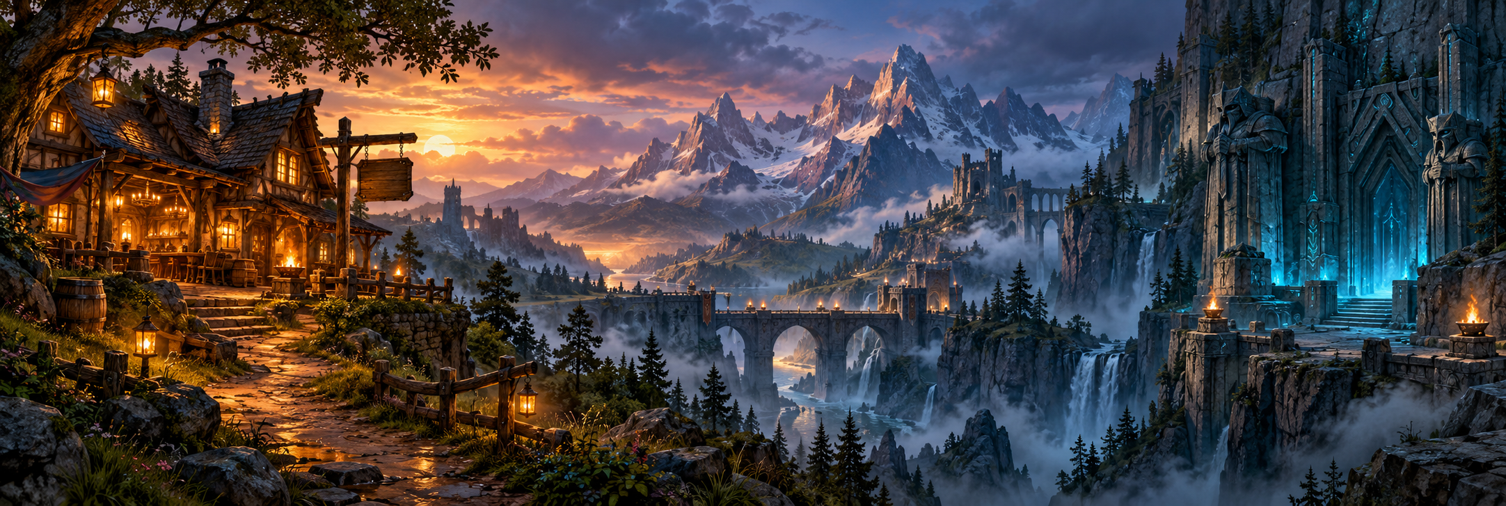 Fantasy illustration of a lantern-lit tavern, a mountain bridge and an ancient dungeon entrance.