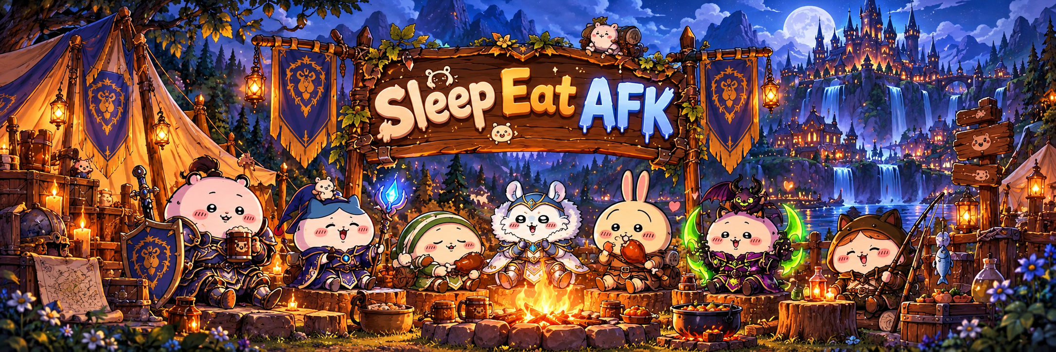 Sleep Eat AFK guild banner: seven cute fantasy adventurers around a campfire beneath a wooden guild sign, with a moonlit castle beyond.